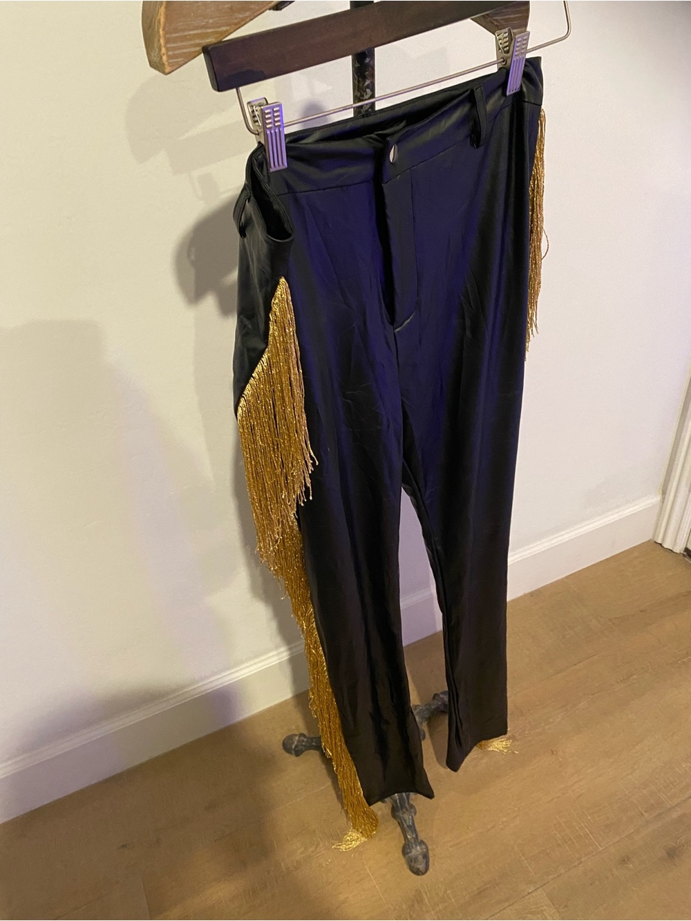 AKIRA Black Pants with Gold Fringe Side Detailing